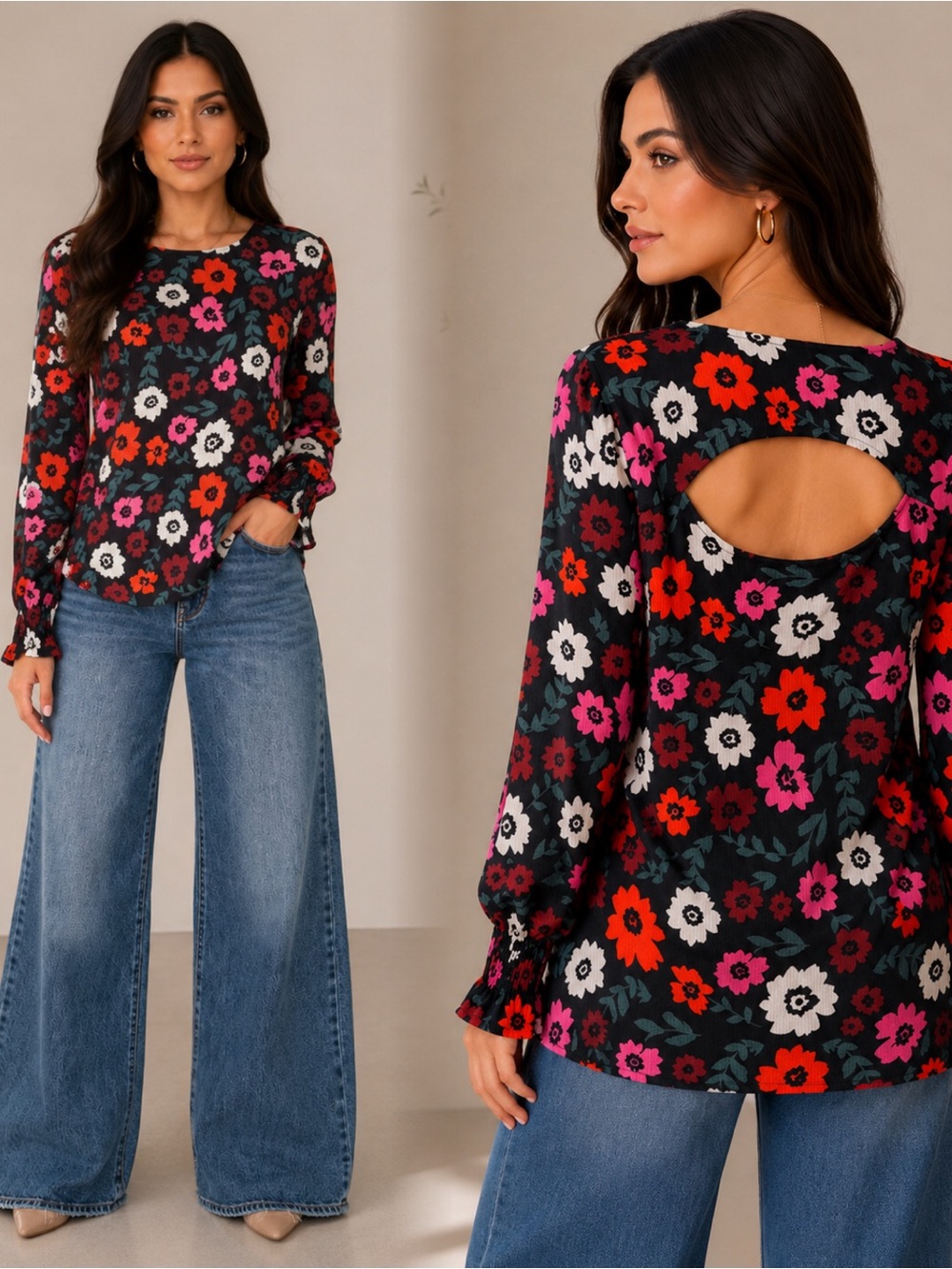 LuLaRoe Black Floral Long-Sleeve Top with Open Back
